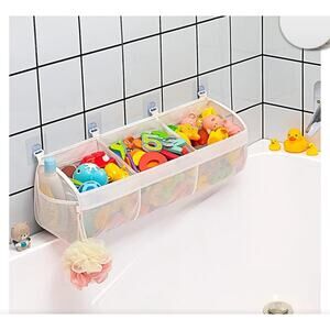 Original 3 Sections Large Openings Bath Toy Organizer Mesh 4 Sticky Hooks New